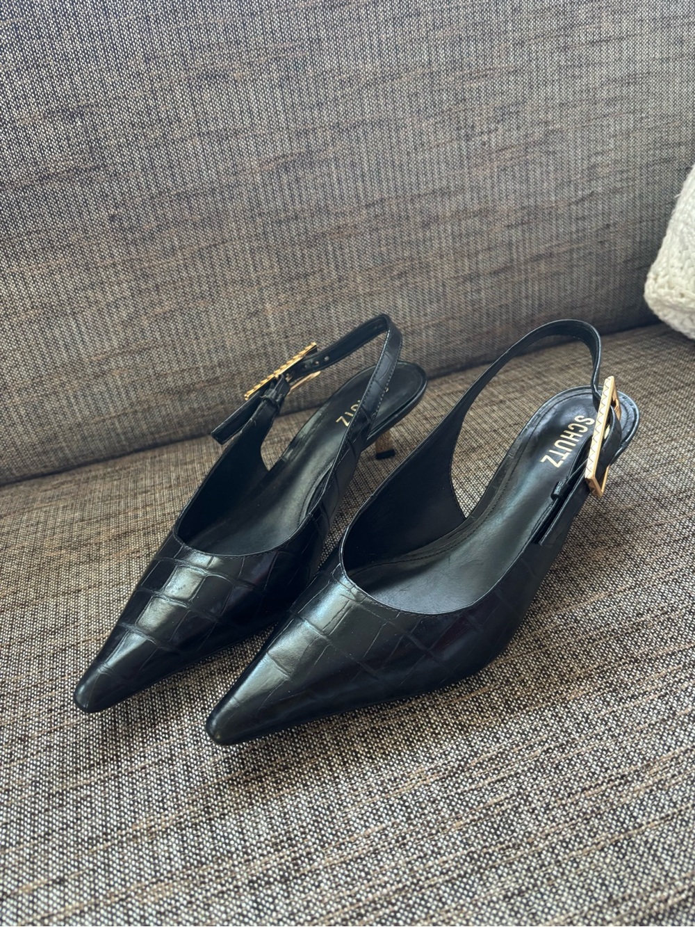 SCHUTZ Black Croc-Embossed Pointed Slingback Kitten Heel